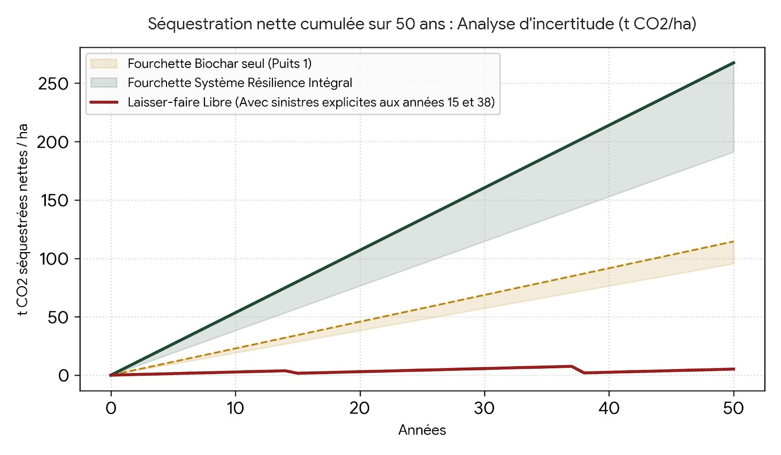Graphique : Séquestration nette cumulée sur 50 ans avec fourchettes d'incertitude — Biochar seul (bande dorée), Système Résilience intégral (bande verte), Laisser-faire libre avec sinistres aux années 15 et 38 (courbe rouge)